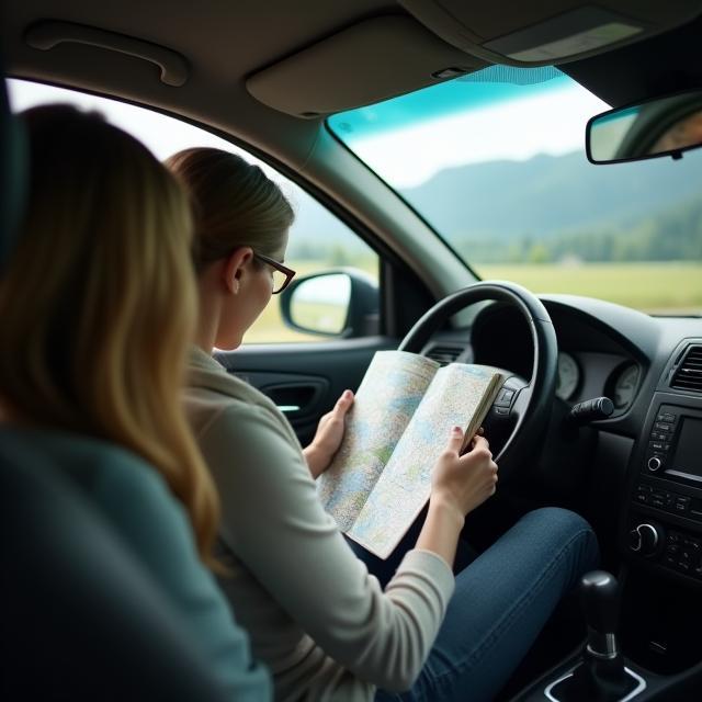 Voyageurs consultant un guide routier dans leur voiture